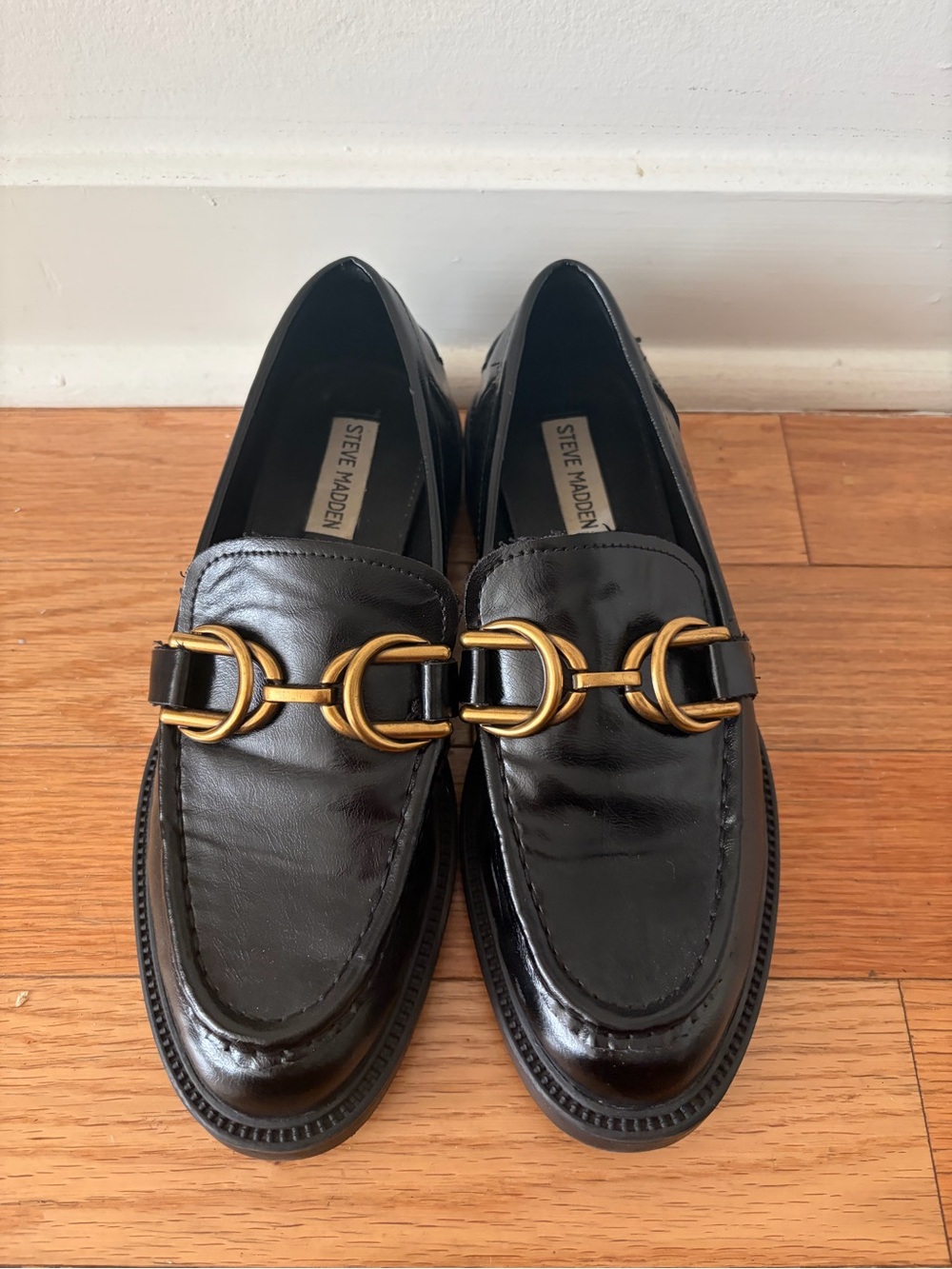 Steve Madden Women's Karmine Black Leather Chain Detail Flats Loafer Size 8.5